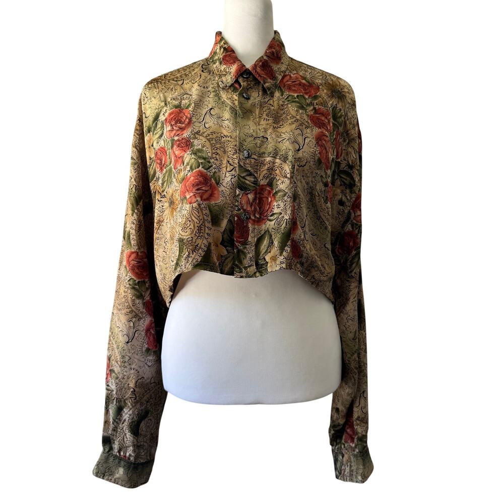 Vintage ‘90s Maxwear Tan Floral Print Button Front Cropped Long Sleeve Blouse